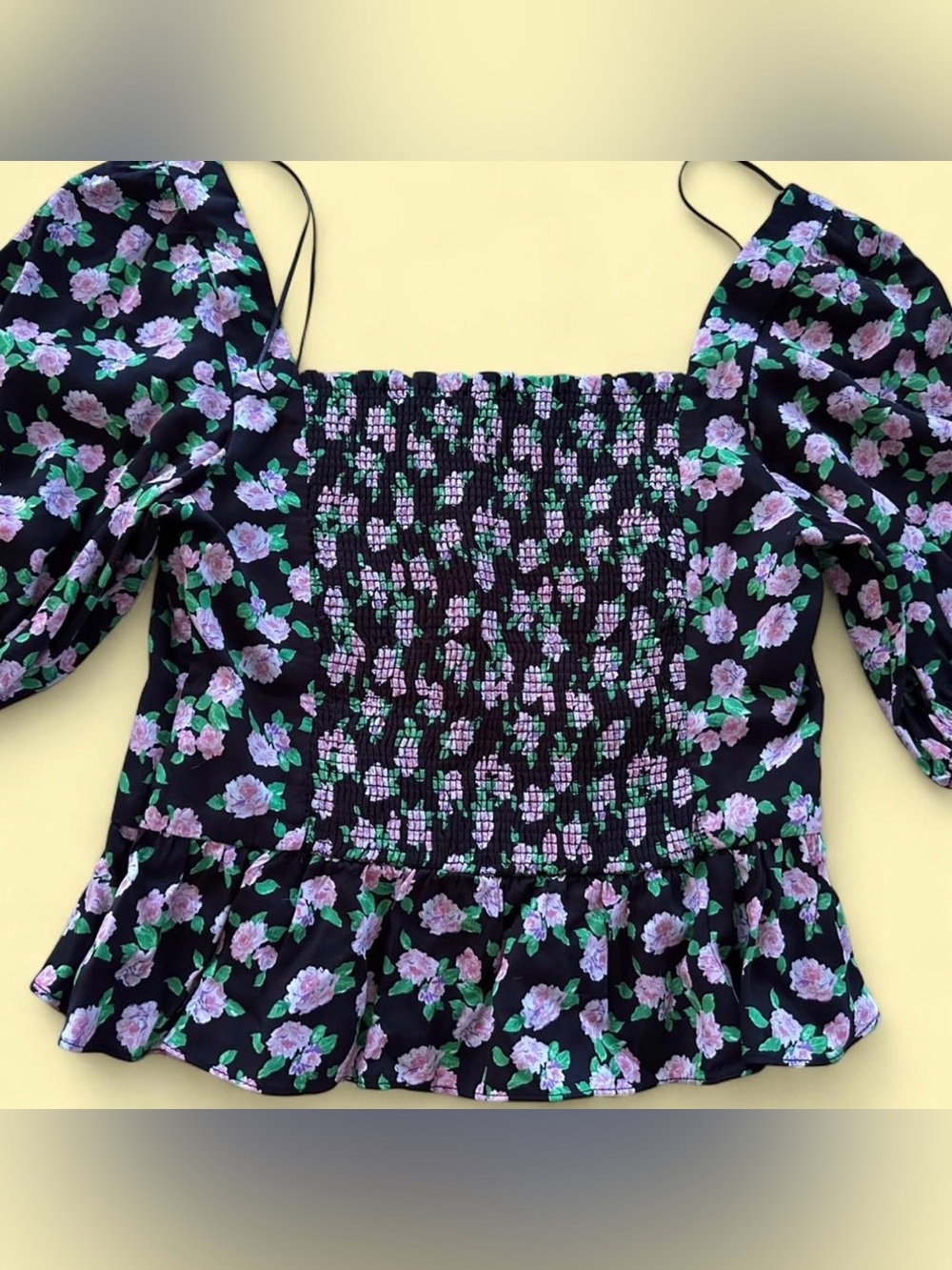 Zara Black Floral Smocked Crop Top with Lilac Roses